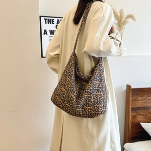 Stylish large leopard print canvas tote bag with wide strap for autumn winter fashion