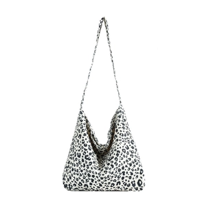 Stylish black and white leopard print canvas hobo bag with large capacity for women