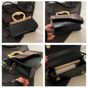 Collage of leopard print crossbody bag showing interior capacity and golden handles