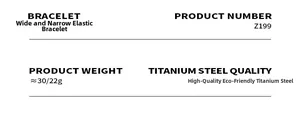 Detailed specs card for wide elastic 18k gold plated titanium steel bangle