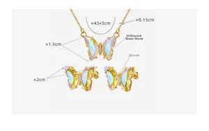 Detail view of colorful glass butterfly jewelry set with zircon stones and dimensions