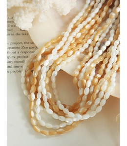 Detail of multi-layer titanium steel necklace with white and gold shell beads on a conch