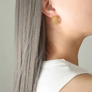 Titanium steel 18K gold plated mesh earrings shown on model for elegant style