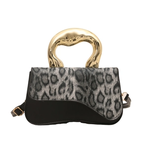 Retro leopard print handbag with golden metal handle and adjustable leather strap