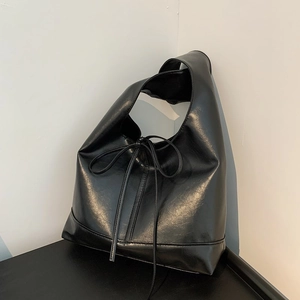 Women Fashion PU Leather Tote Bag Large Capacity Shoulder Underarm Bag Solid Color Bowknot Decorative Commuter Handbag
