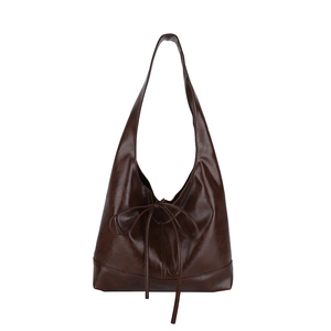 Minimalist large capacity dark brown hobo shoulder bag with a feminine ribbon bow detail