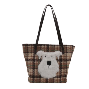 Borsa tote a quadri marroni con ricamo di cane in peluche e grande capacità