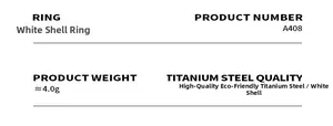 Detailed specifications of white shell titanium steel ring with weight and material info