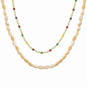 French vintage double-layered titanium steel necklace with colorful beads and white shells