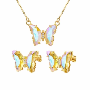 Elegant butterfly jewelry set with iridescent crystal pendant necklace and gold stud earrings