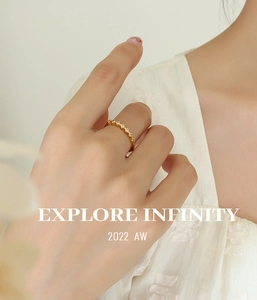 Close-up of a gold-plated ring with seven cubic zirconia stones on a model hand
