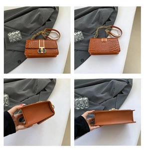 Detailed views of brown crocodile pattern square bag with golden chain and clasp