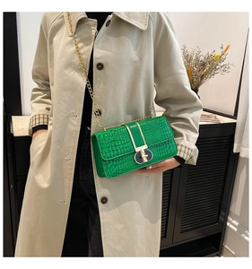 Green crocodile pattern bag with gold chain strap shown against a neutral trench coat