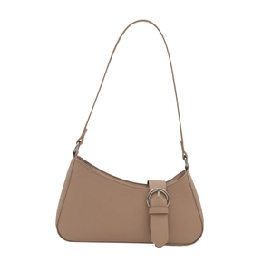 Minimalist apricot half-moon baguette bag with silver buckle for stylish women's commuting