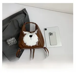 Detail of a brown faux leather backpack featuring a plush animal face and adjustable straps
