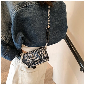 Detail of leopard print crossbody bag featuring silver buckles and resin chain strap
