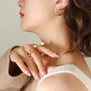 French vintage gold C-shape earrings and ring set with pearls and zircons