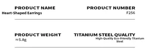Detail view of heart earrings product specifications and durable titanium steel material