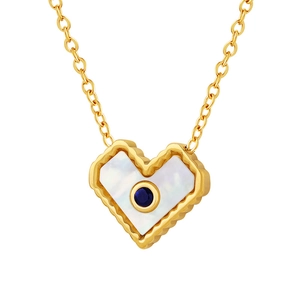 Collana a cuore in oro minimalista con madreperla bianca e pendente con gemma blu