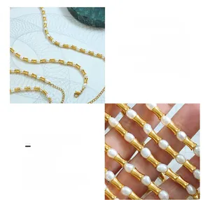 Macro di perle d'acqua dolce e nodi di bambù placcati oro 18K sulla collana in acciaio inox