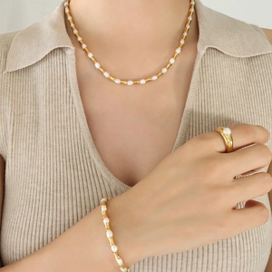 Set Di Gioielli Vintage Francese Acciaio Al Titanio Placcato Oro 18K Perla D'acqua Dolce Nodo Di Bambù Collana Bracciale Anello