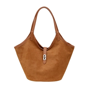 Minimalist brown suede tote bag for women with silver metal twist lock and retro design