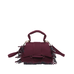 Sac à bandoulière chic bordeaux en cuir avec franges bohèmes et forme trapèze
