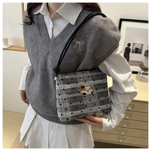 Sac seau chic à carreaux gris avec broderie animale et bandoulière à nœud noir