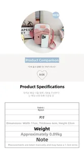 Detailed view of pink nylon crossbody bag with dimensions 17x6x22cm and 0.09kg weight
