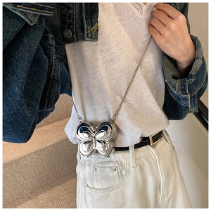 Silver butterfly evening bag with metal chain strap shown as a stylish crossbody bag