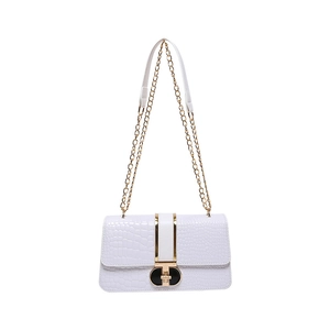Chic white crocodile pattern shoulder bag with gold chain and black-gold swivel lock