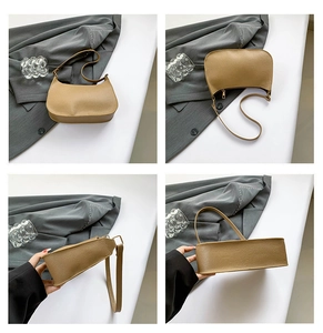 Detailed views of a brown faux leather baguette bag with pebbled texture and metal zipper