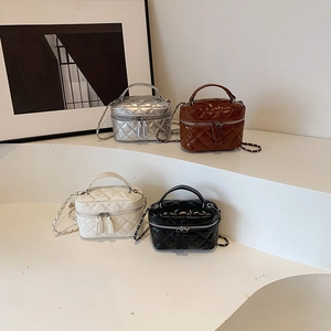 Quilted mini square bags in silver, brown, white, and black with chain straps