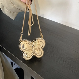 Women Sweet Butterfly Shaped Evening Bag Mini Metallic PU Box Clutch Wedding Party Chain Crossbody Shoulder Bag Gold Silver