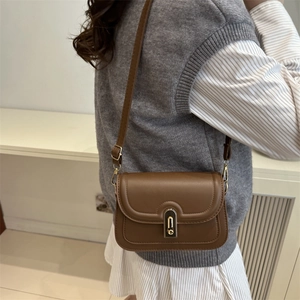 Retro brown crossbody bag with gold oval clasp shown on model with minimalist style