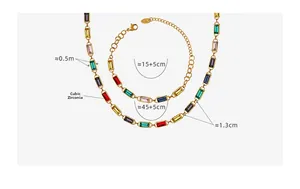 Macro shot of colorful rhinestone jewelry set with detailed dimensions for necklace and bracelet