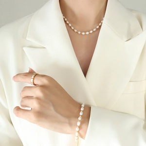 Baroque Freshwater Pearl Jewelry Set Necklace And Bracelet Titanium Steel Golden Spacers Elegant Retro French Style Women