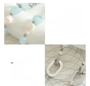 Détail du collier avec pierre naturelle bleue, perle baroque et acier plaqué or 18 carats