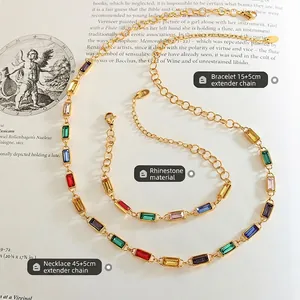 Colorful rhinestone necklace and bracelet set in 18K gold plated vintage design