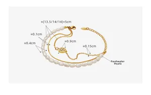 Detail of triple-layer gold bracelet with freshwater pearls and round openwork pendant