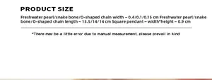 Size chart showing freshwater pearl, snake and O-chain bracelet width and length details