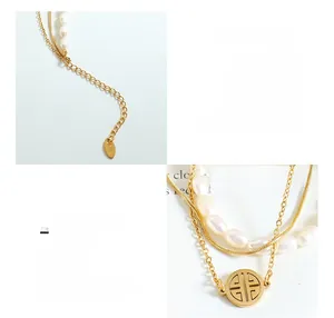 Macro shot of 18K gold plated layered necklace with freshwater pearls and K18 hallmark detail