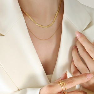 Double Layer Necklace 18K Gold Plated Stainless Steel Minimalist Herringbone Snake Chain Layered Jewelry For Women