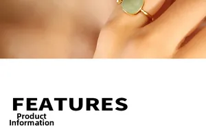 Detail of minimalist gold ring with square green enamel inlay and product information