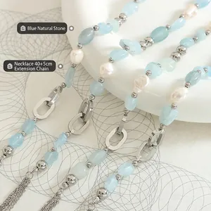 Collier bohème avec perles d'eau douce, pierres naturelles bleues et rallonge 40+5cm