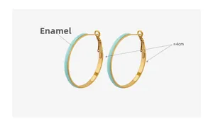 Detailed view of 4cm gold-tone hoop earrings with light blue enamel finish