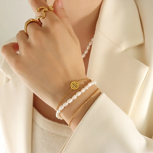 Freshwater Pearl Bracelet Titanium Steel Layered Snake Chain Round Cutout Lucky Tag Pendant Elegant Women Jewelry