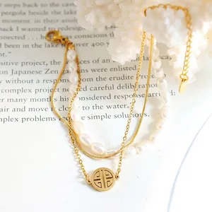 Three-layer vintage gold bracelet with freshwater pearls and hollow round pendant