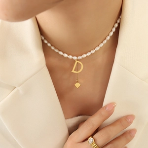 Freshwater Pearl Necklace With 18K Gold Plated Titanium Steel Letter D Pendant And Cube Tassel French Elegant Jewelry For Women