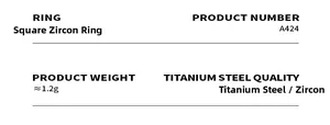 Detailed specifications of the square zircon ring made of durable titanium steel